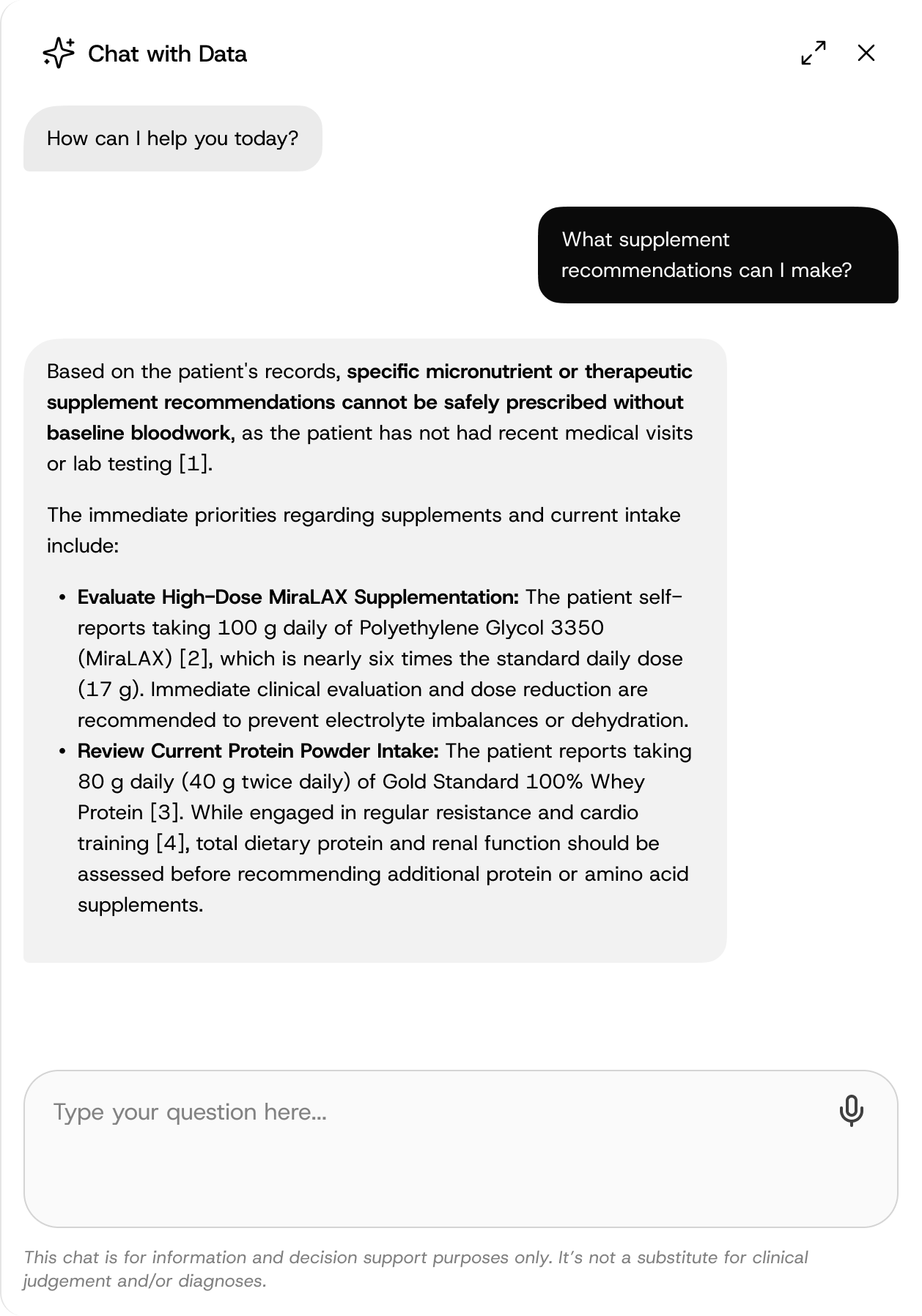 Profile Health Chat with Data panel: a clinician asks a question in plain language and gets an answer drawn from the patient's own records, with citations.